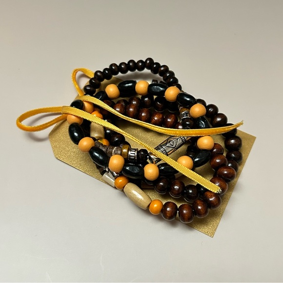 5 Piece Brown Orange Black Silver Beaded Bracelet Set - Picture 4 of 4